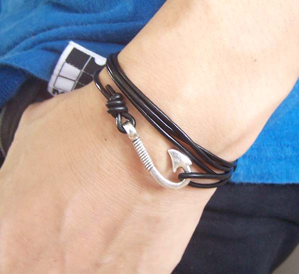 Silver Hook Bracelet,hook Charm Jewelry.brown/black Cow Leather