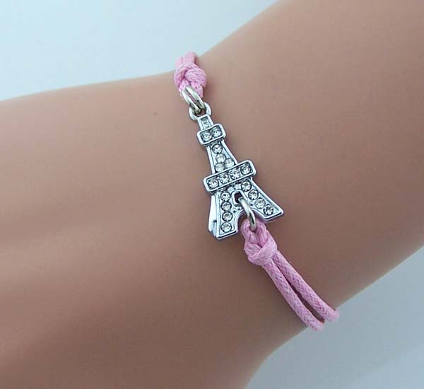 Rhinestone and Bead Pink Wrap Bracelet with Eiffel Tower Charm Betsy Johnson Beaded Charm Bracelet, Paris Efiel Tower Charm  main image 3
