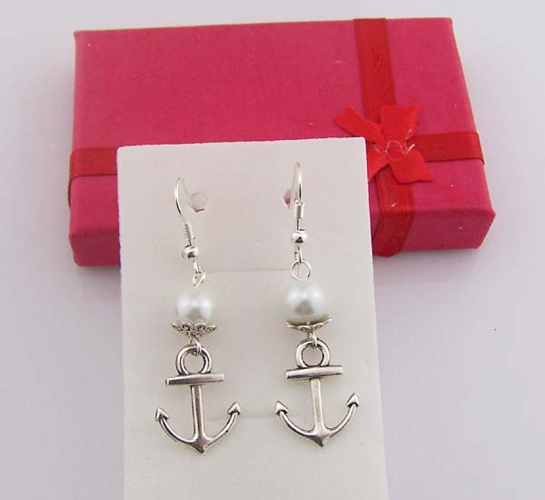 Tiny Anchor Earrings White Pear Earrings Swing Pendant Dangle Silver